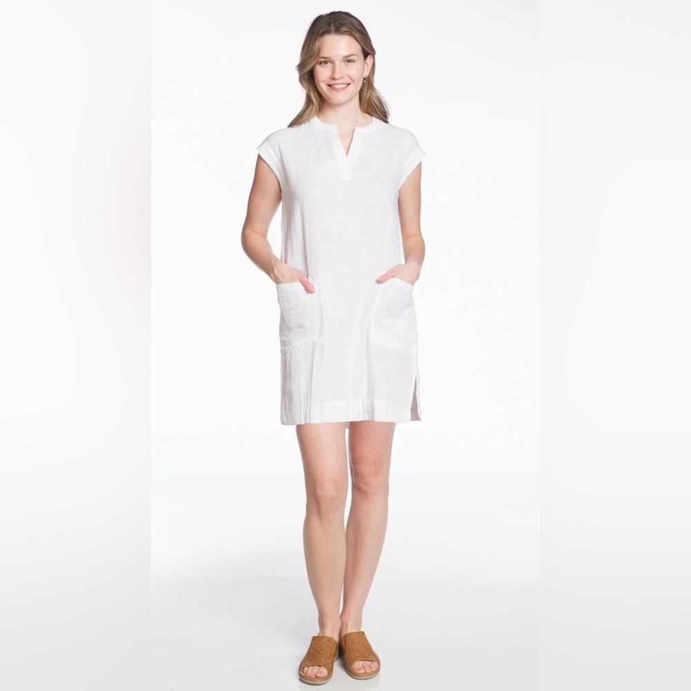 Cotton Gauze Cap Sleeve V-Neck Dress with Patch Pockets-White
